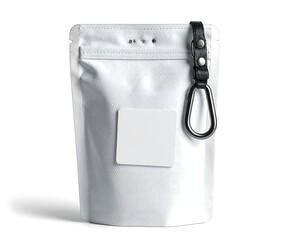White pouch with a leather strap, carabiner, and blank label, likely for food or product