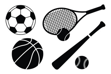 Monochrome sports equipment collection featuring soccer ball, basketball, tennis racket, baseball bat and glove in clean black and white vector style.