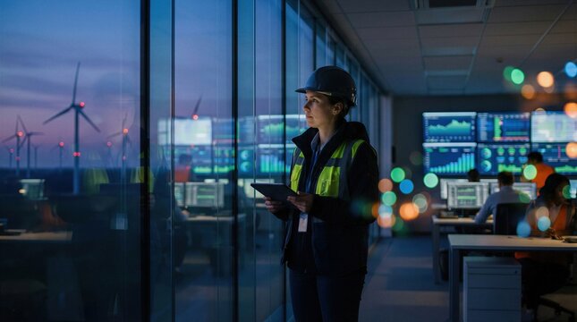 Female engineer in control room looking at wind turbines at sunset, monitoring renewable energy