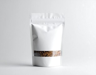 White pouch with window revealing small brown granules, placed centered on white background