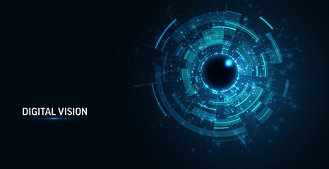 Abstract digital eye. Computer vision AI concept, big data visualization, neural network technology. Futuristic biometric background for cybersecurity, innovation. High-tech design vector illustration
