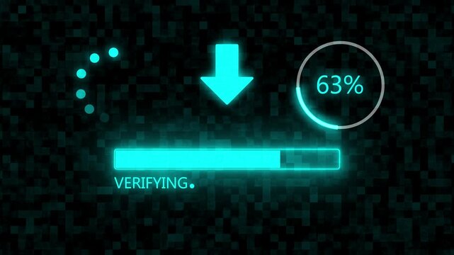   Verifying Upload Progress Bar 0 to 100%  with Cyan Glowing Download Arrow and Percentage Indicator