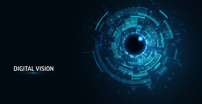 Abstract digital eye. Computer vision AI concept, big data visualization, neural network technology. Futuristic biometric background for cybersecurity, innovation. High-tech design vector illustration