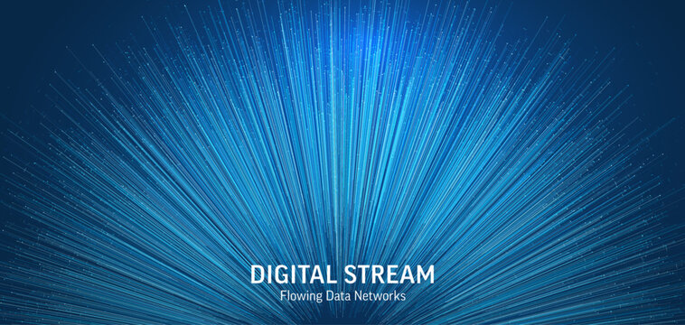 Abstract blue data flow background. Dynamic lines radiating from center, High-speed information, digital connectivity, and modern technology. Perfect for network, AI, business and science concepts.