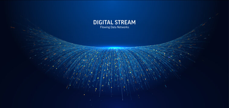 Dynamic digital data flow. Abstract blue wave of tech lines and particles. Modern futuristic network connection concept for business, AI, science, internet, and high-speed information systems