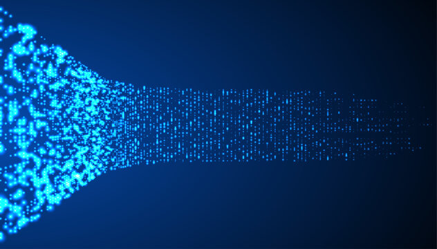 Abstract digital data funnel. Dynamic blue stream of glowing particles. Light illustrates high-speed information flow, network compression. Big data concept for AI, tech and science.