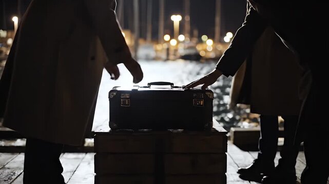 Group of Silhouetted Figures Gather Around Mysterious Briefcase on Dock at Night with Harbor Lights and Boats