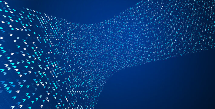 Dynamic digital data stream background with flowing arrows. Abstract blue tech pattern of light, energy particles. Modern AI wave network communication for high-speed information, science concepts.