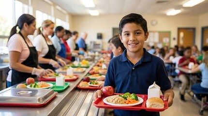 Happy elementary school boy holding a healthy lunch tray in a busy cafeteria line, smiling at camera