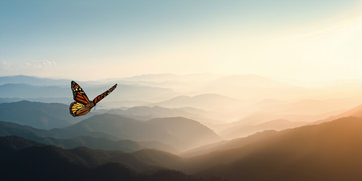 Monarch Butterfly Flying Over Misty Mountain Range at Sunset Representing Freedom, Migration, Nature Beauty, Transformation, Resilience and Natural Environment Preservation Concept
