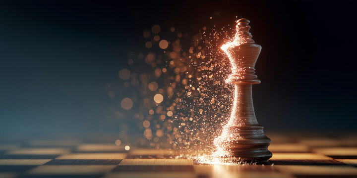 Cinematic King Chess Piece Dissolving into Golden Particles and Dust on a Chessboard Backdrop, Conceptual Metaphor for Strategy Failure, Loss of Power, and Modern Business Leadership Challenges