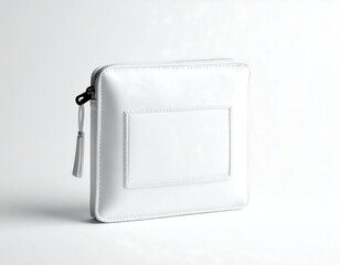White rectangular clutch with textured rectangle, black zipper and wrist strap, isolated on white