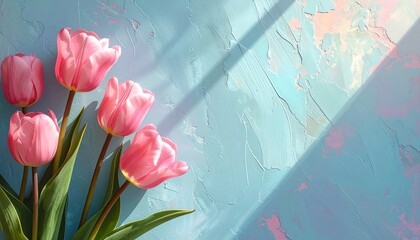 ピンク色のチューリップとシンプルな水色の背景　AI生成素材