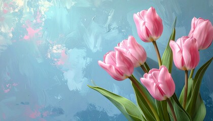 ピンク色のチューリップとシンプルな水色の背景　AI生成素材