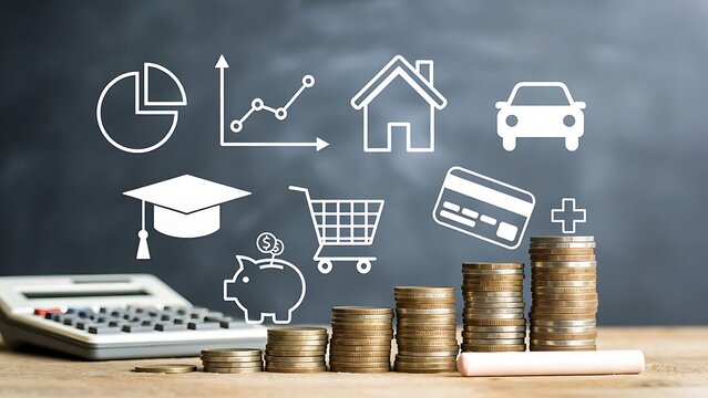 Stacks of coins with financial on chalkboard background calculator piggy bank