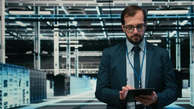 Portrait of data center engineer monitoring system performance using AR simulation, identifying bottlenecks. Server farm worker using device to implement optimizations, VFX compositing, camera A
