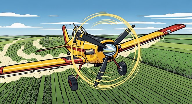 Crop Duster Airplane Flying Over Agricultural Field.