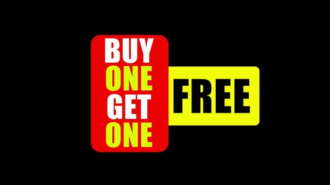 Buy One Get One Free Promotional Animation with Bold Red and Yellow Sale Banner on Black Background
