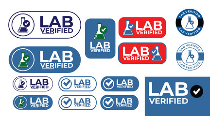 Lab Verified Badge Set with Scientific Flask Icon and Quality Certification Labels for Medical Testing and Research Approval