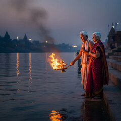 Fototapeta premium An elderly Indian man and woman stand by a river at dusk as the man holds a flaming oil lamp during a traditional spiritual ceremony. Generative AI