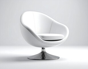 White, rounded, modern armchair with a chrome base, isolated on a white background