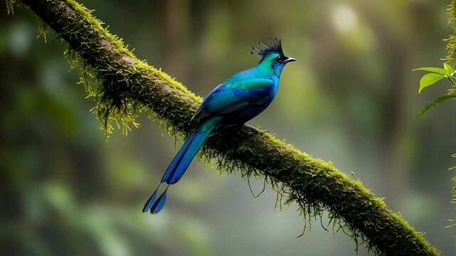 A Bird of Paradise: A magnificent turquoise bird perches gracefully on a moss-covered branch in a vibrant rainforest, its iridescent plumage shimmering in the filtered sunlight.