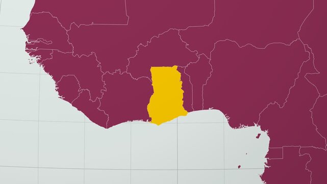 Ghana map. Animated zoom into the country on the Globe in Pale Mint Dark Pink color palette. Country logo animation with round text and airplanes. Map with meridians, parallels. Modern video.