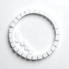 White, square blocks arranged in a broken spiral on a white background, creating a circle