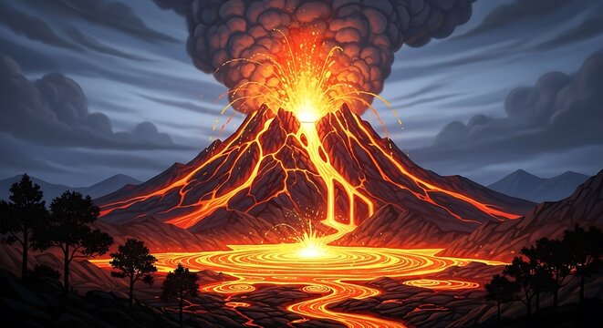 Erupting Volcano with Lava Flow and Ash.