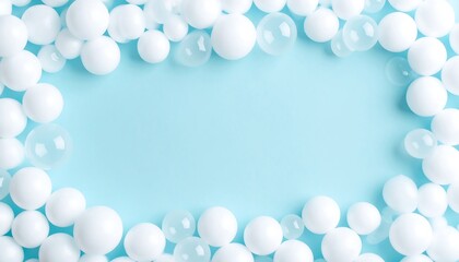 White spheres form a border on a soft blue background, leaving space for text