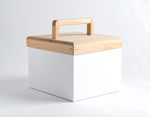 White square box with wooden lid and handle, set against a soft white background