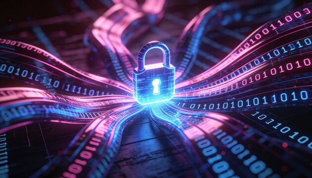Data protection technology concept: A glowing red padlock serves as a focal point within a dynamic digital landscape of blue illuminated circuit pathways and nodes, representing secure network connect