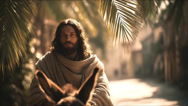 Palm Sunday. Jesus Christ rides a donkey into Jerusalem against a background of green palm leaves.