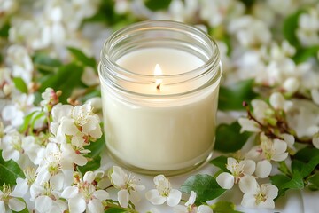 A glass candle container encircled with tiny flowers shining gently.