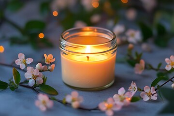 A glass candle container encircled with tiny flowers shining gently.