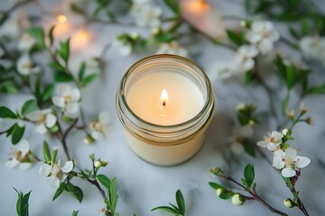 A scented jar candle framed by delicate blooms radiating warmth.