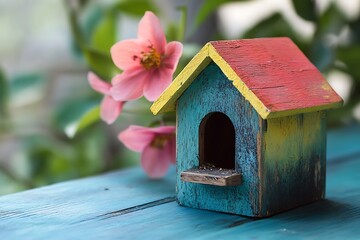 A little painted bird shelter coated in fresh spring hues dangling softly.