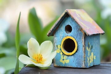 A miniature nesting house brushed with pastel tones swaying quietly.