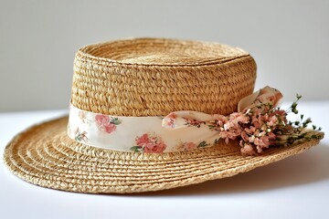 A large straw hat trimmed with blooming ribbon positioned attractively.