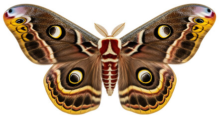 Regal Moth: A close-up view of a majestic moth showcases its intricate patterns, delicate wings, and vibrant colors. The design of its wings is akin to a natural work of art.