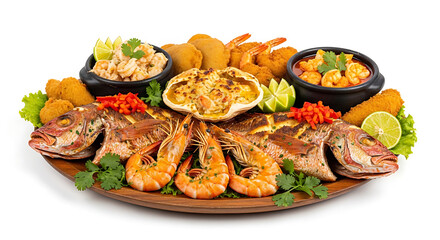 Seafood Feast: A tantalizing array of seafood delights, artfully arranged on a wooden platter, inviting culinary exploration and indulgence.