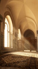 Sunlight on Prayer Carpet Inside Mosque &ndash; Ramadan Spiritual Background Vertical