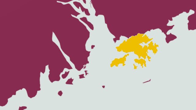 Hong Kong map. Animated zoom into the country on the Globe in Pale Mint Dark Pink color palette. Country logo animation with round text and airplanes. Map with meridians, parallels. Vibrant video.