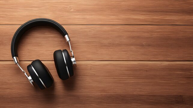 Headphones on Wood: A pair of sleek, modern headphones rests peacefully upon a textured wood surface, evoking a sense of calm and a personal auditory escape.
