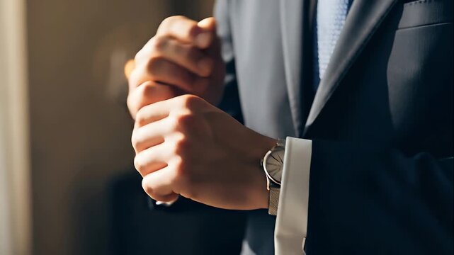 Businessman adjusting elegant suit cufflink