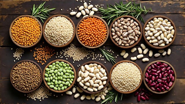 Assortment of Healthy Legumes and Grains in Rustic Bowls on Wooden Table