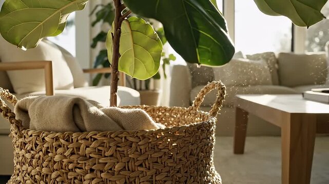 A serene living room with a plant in a wicker basket and a modern sofa in a bright video