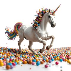 White unicorn prances through a colorful field of candies, with rainbow mane and tail