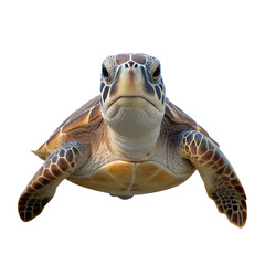 Fototapeta premium Green sea turtle swimming forward on a transparent background, front view, detailed shell and skin texture