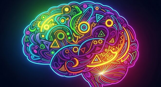 Colorful Neon Brain Illustration with Shapes.